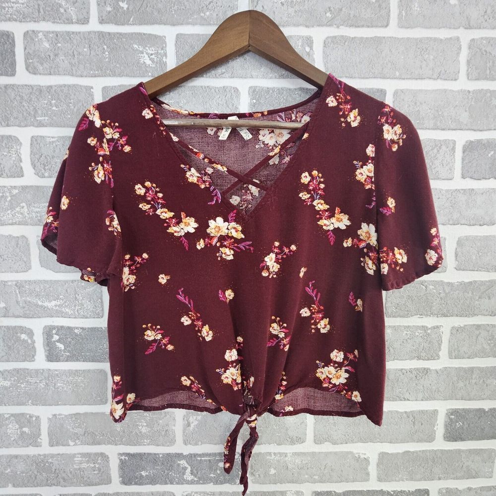Mudd Women's Blouse Size Medium Floral Tie Front Cropped Boho Cottagecore‎ Y2K